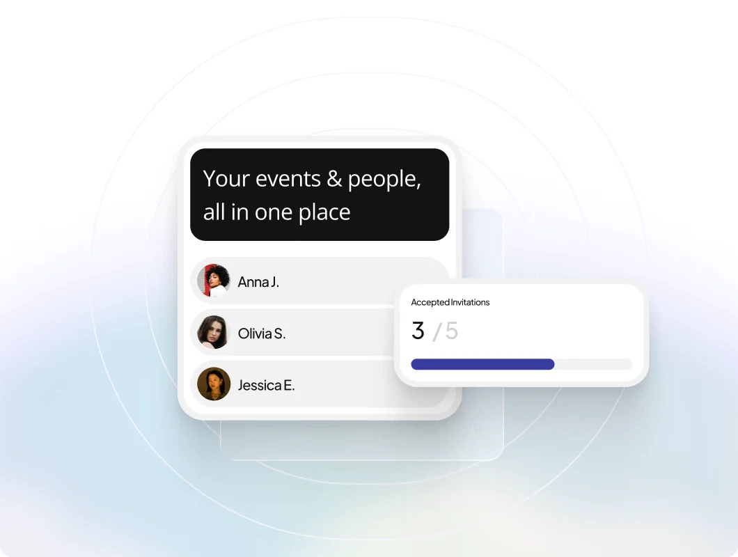 A guest list with three invitees and an accepted-invitations progress bar showing three of five